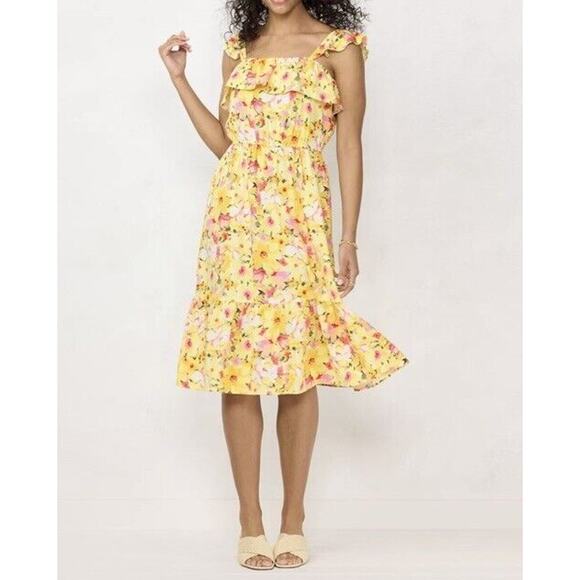 LC Lauren Conrad Ruffle Midi Linen Blend Floral Dress Womens M Yellow Sundress - Picture 1 of 7